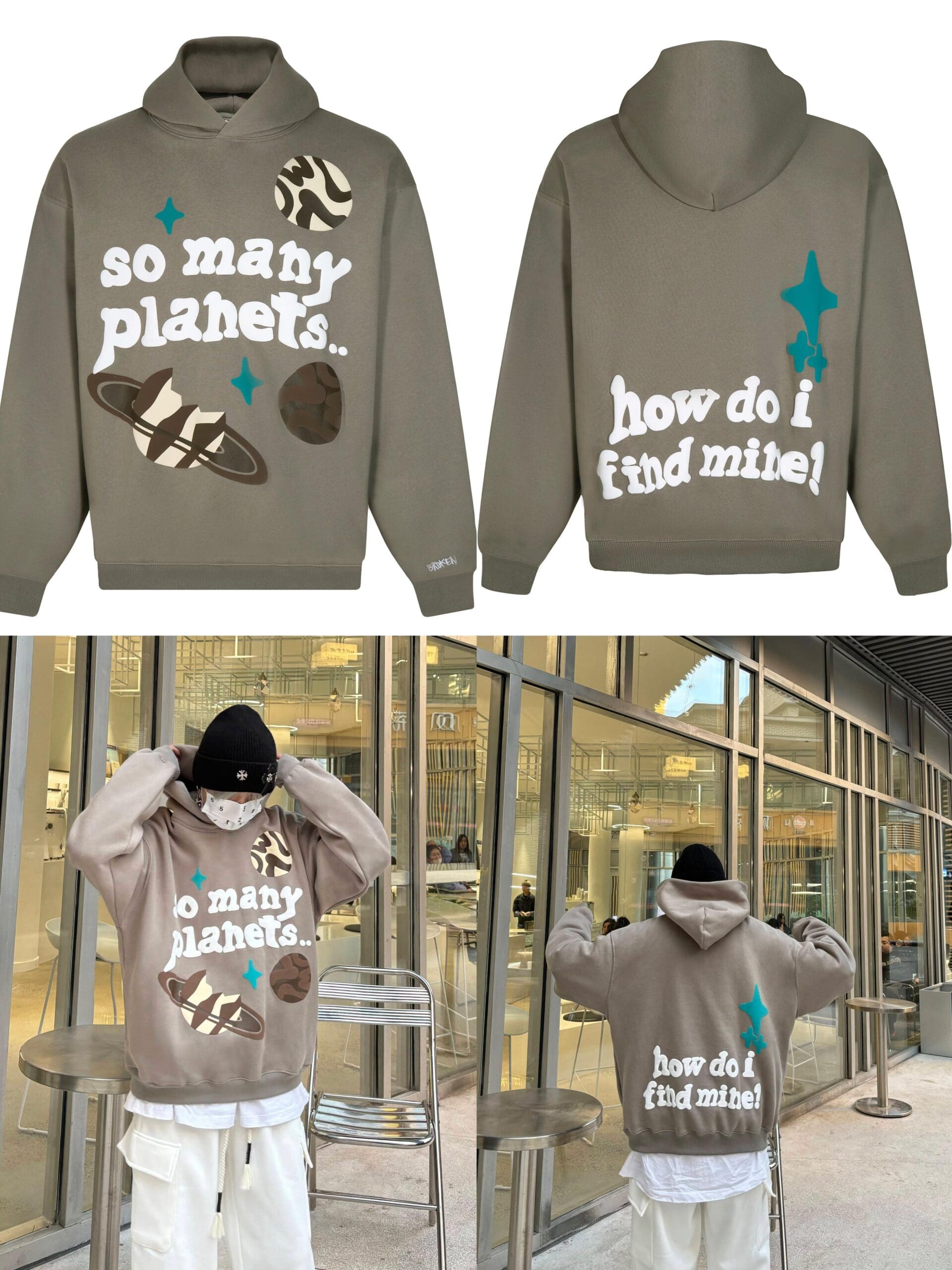 Broken Planet Puff Print Hooded Sweater Loose Fit for Men and Women