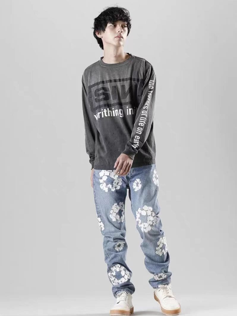 Saint Michael American-Style Distressed Long-Sleeved T-Shirt for Men and Women