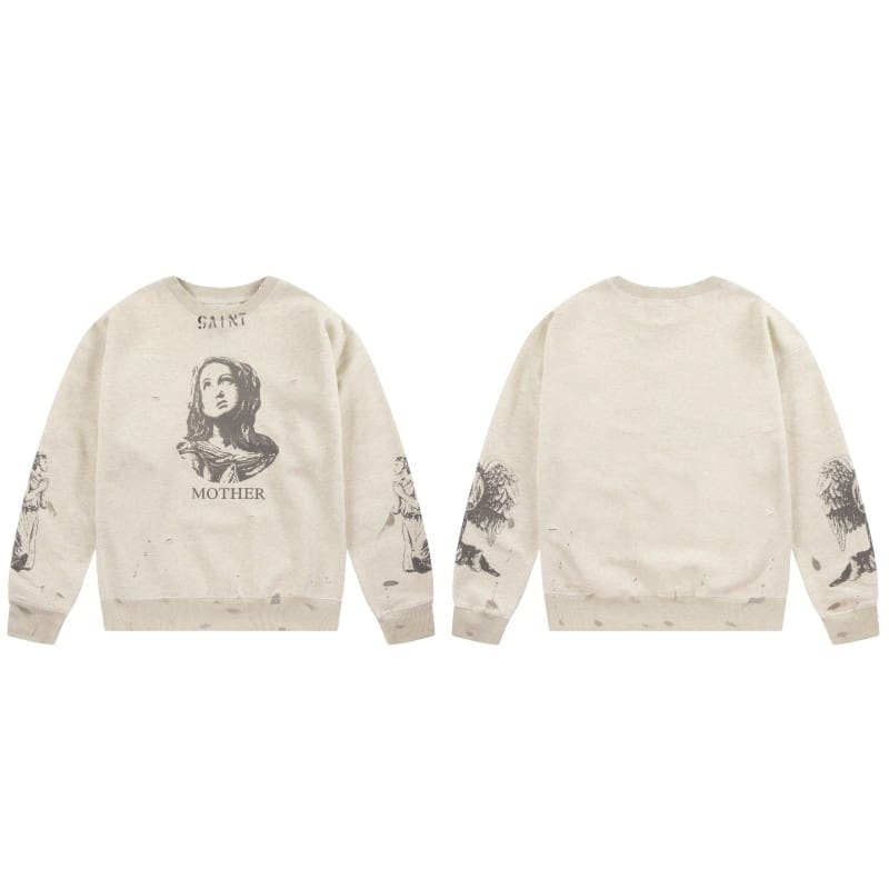 Saint Michael Retro Round Neck Sweater Thick Long Sleeve Top for Men and Women