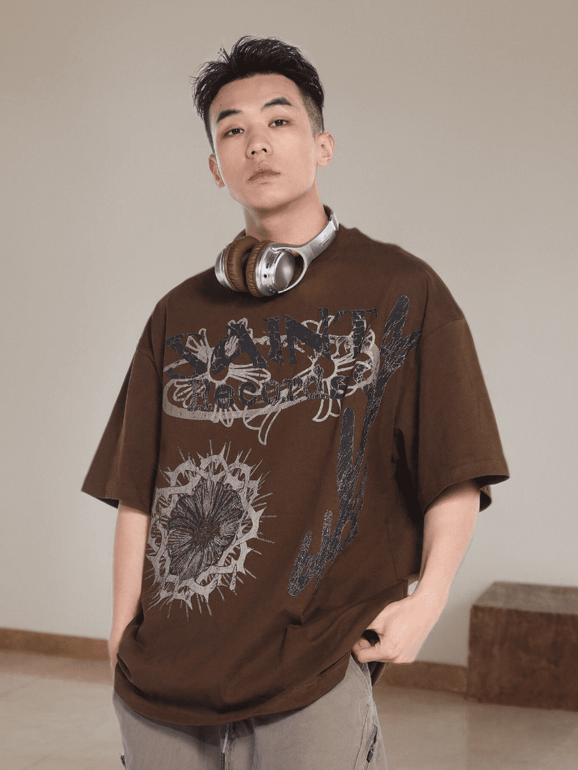 Saint Michael Letter Embroidery Vintage Short Sleeve T-Shirt Heavy Style