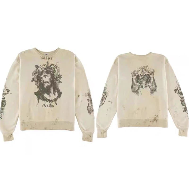 Saint Michael Retro Round Neck Sweater Thick Long Sleeve Top for Men and Women