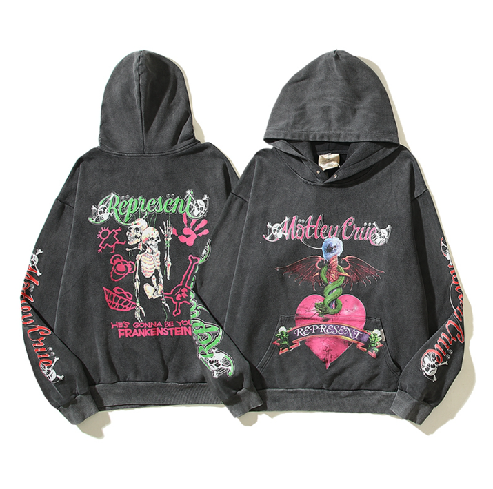 Represent Motley Crue Skull Print Distressed Retro Hoodie
