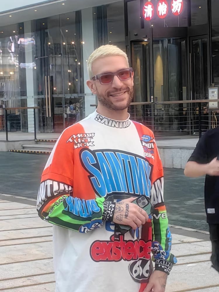 Saint of Michael Graffiti Cotton Wide Round Neck Long Sleeve T-Shirt for Men