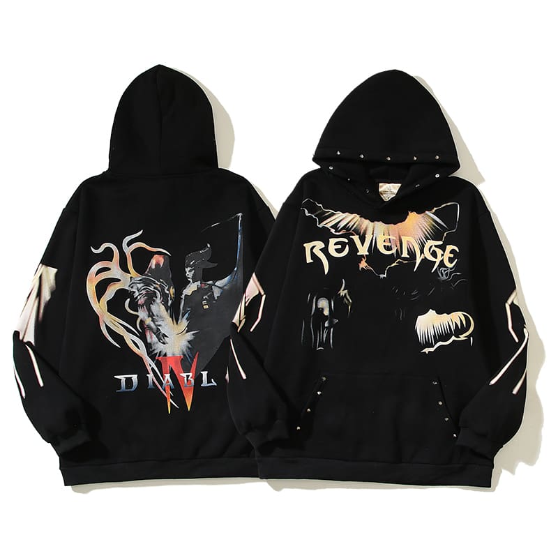Revenge Lightning Letter Hooded Fleece Hoodie for Men and Women