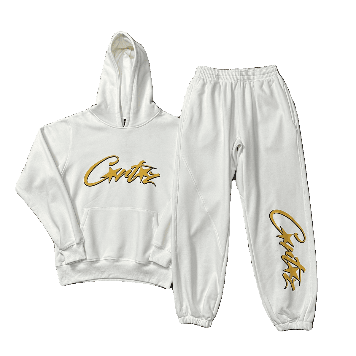 Corteiz Devil Island Yellow Logo Velvet Hooded Sweatshirt and Sweatpants Set for Autumn and Winter