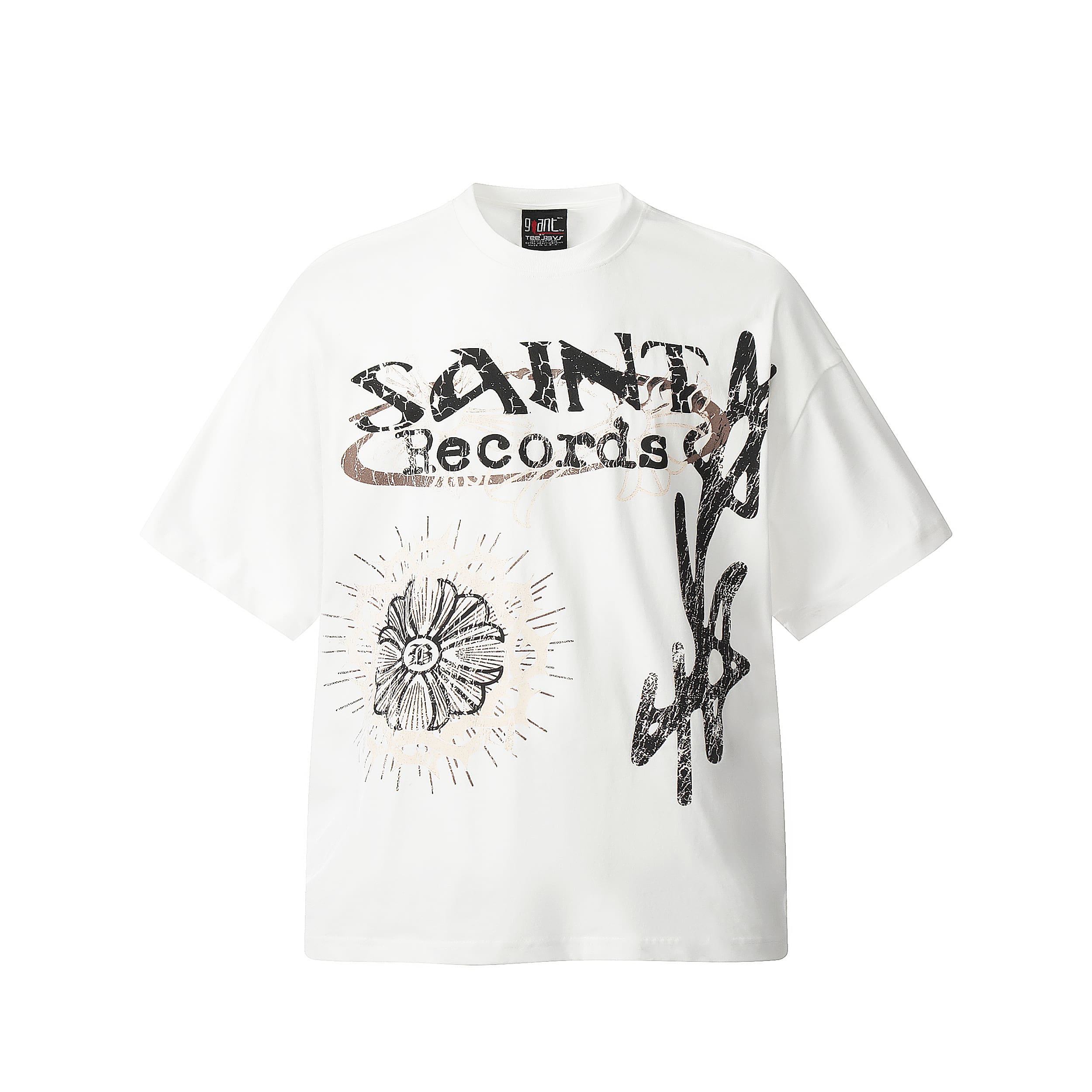 Saint Michael Letter Embroidery Vintage Short Sleeve T-Shirt Heavy Style
