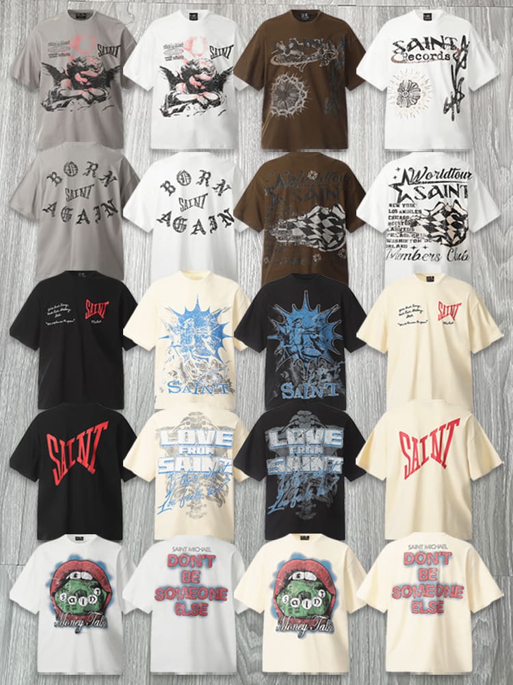 Saint Michael Letter Embroidery Vintage Short Sleeve T-Shirt Heavy Style