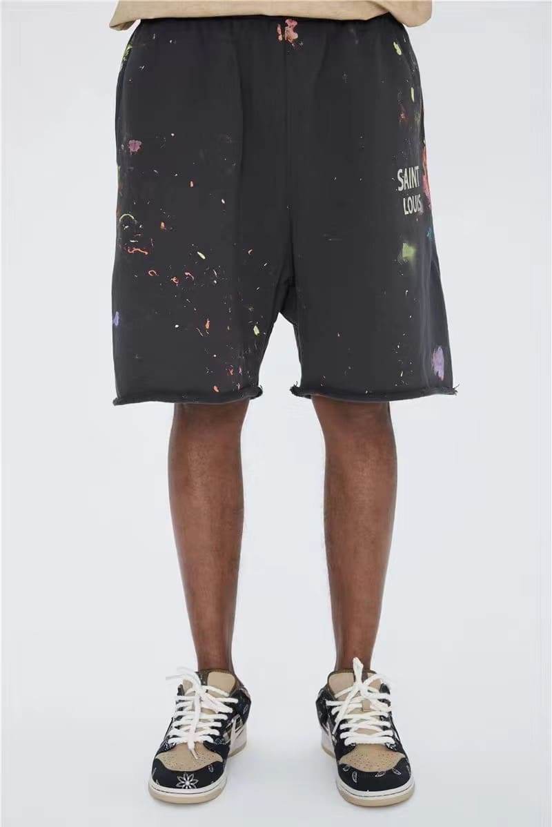 saint L**is graffiti paint-splattered casual dirty retro shorts men’s fashion