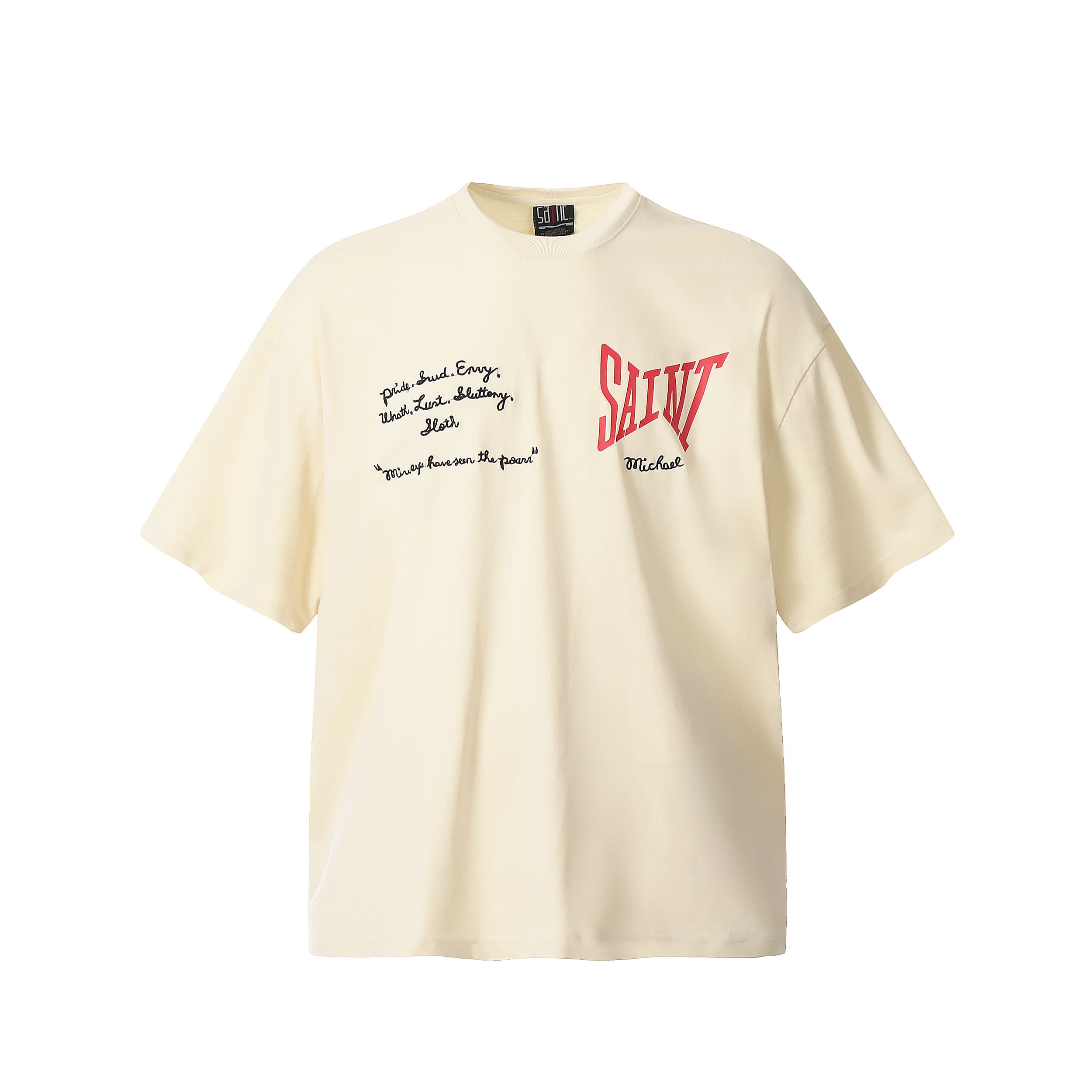 Saint Michael Letter Embroidery Vintage Short Sleeve T-Shirt Heavy Style