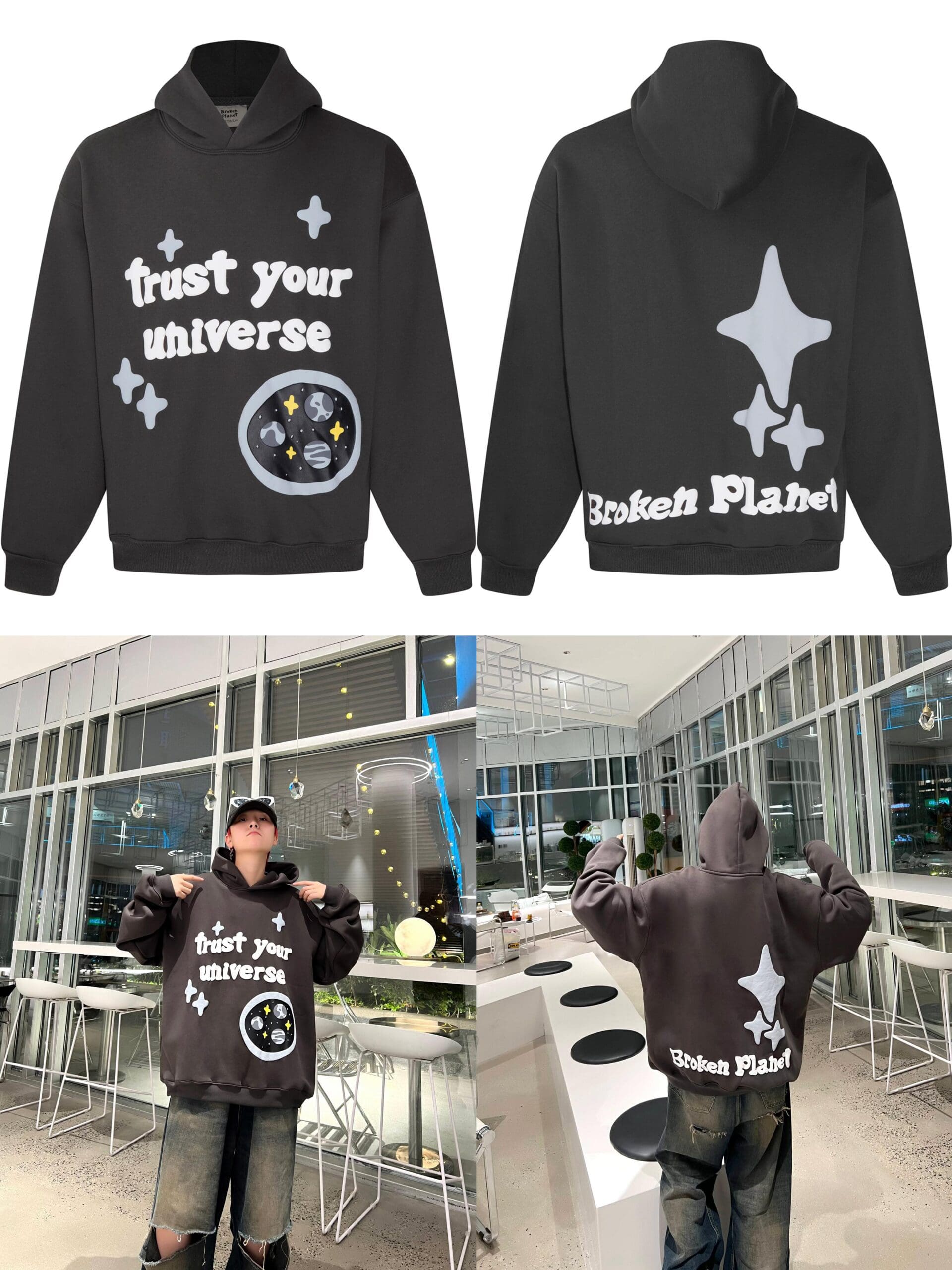 Broken Planet Puff Print Hooded Sweater Loose Fit for Men and Women