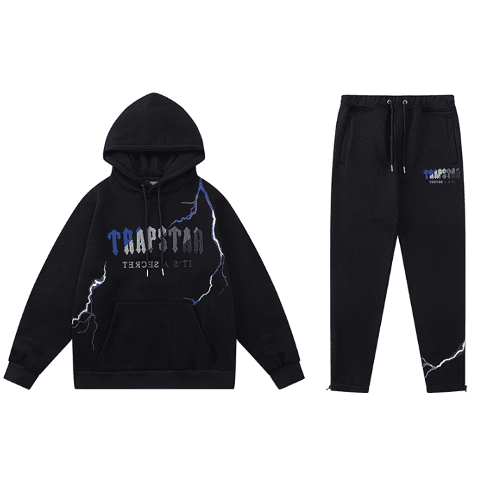 Trapstar Towel Embroidery Lightning Velvet Padded Hooded Sweatshirt and Sports Trousers