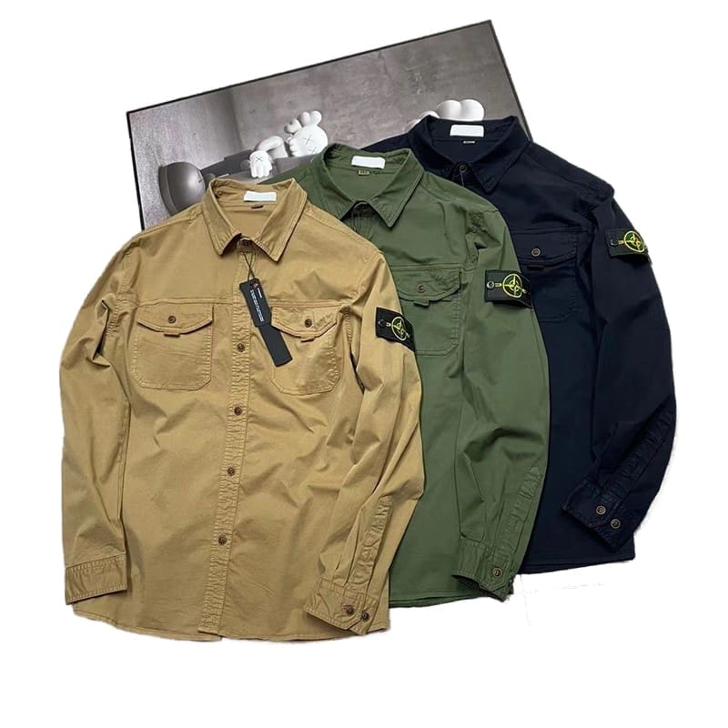 Stone Island Vintage Double Pocket Workwear Shirt Washed Polo Collar Solid Color