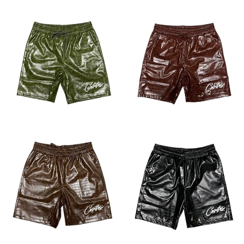 Corteiz Snakeskin PU Letter Embroidered Casual Shorts for Men and Women