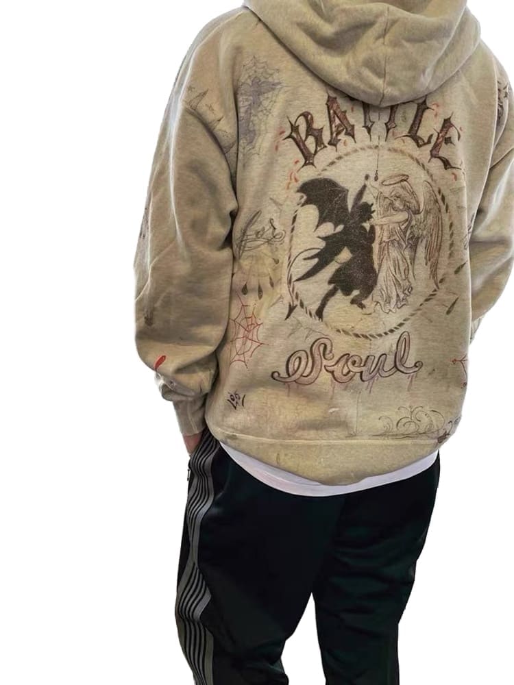 Saint Michael Angel Devil Hand-Painted Retro Velvet Hooded Sweatshirt for Men