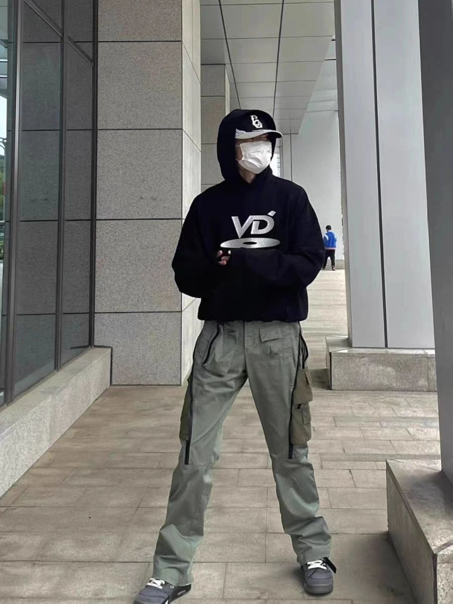 Vujade 006 letters VD embroidered letters hooded sweater High Street casual Vibe style loose couple hoodies tide