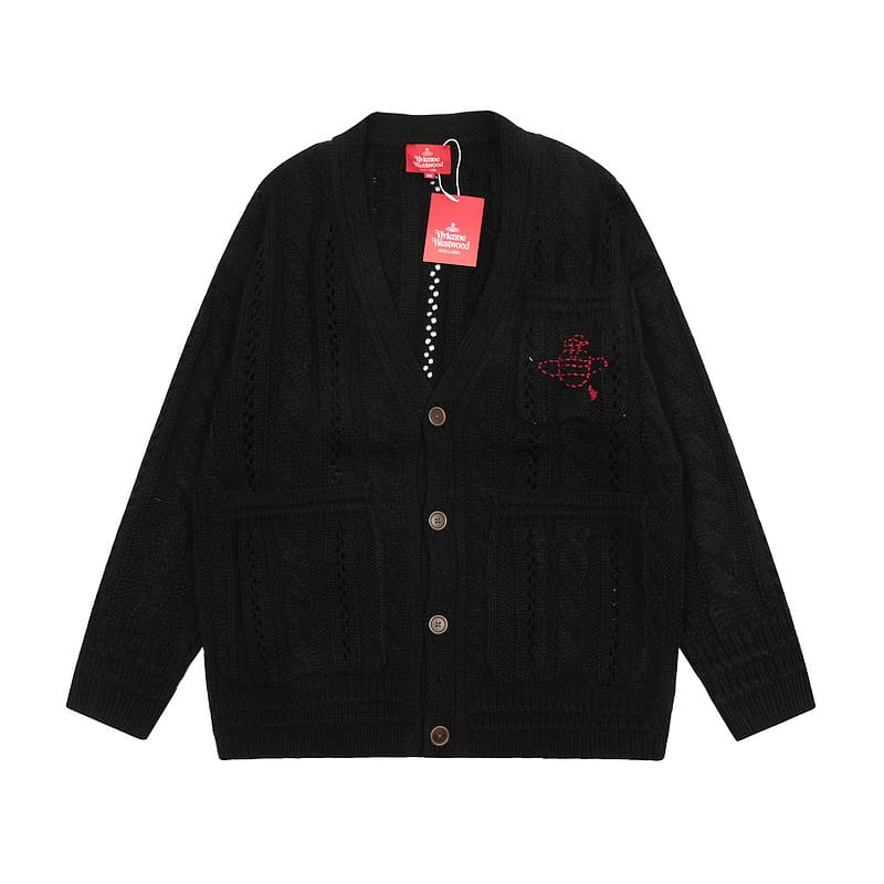 Vivienne Westwood Loose V-Neck Cardigan Hollow Design Knitted Sweater for Men and Women