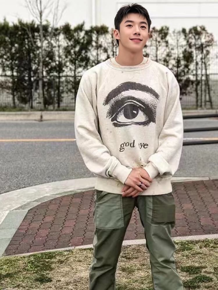 Saint Michael Eye of Soul Retro Fleece-Lined Crew Neck Sweater for Men and Women