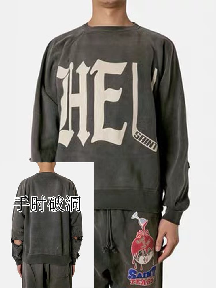 Saint Michael Ripped Letter-Print Retro Crew Neck Sweater for Men and Women