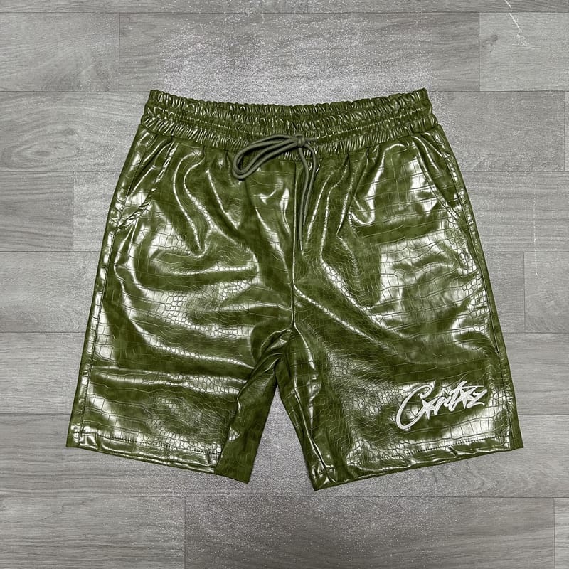 Corteiz Snakeskin PU Letter Embroidered Casual Shorts for Men and Women