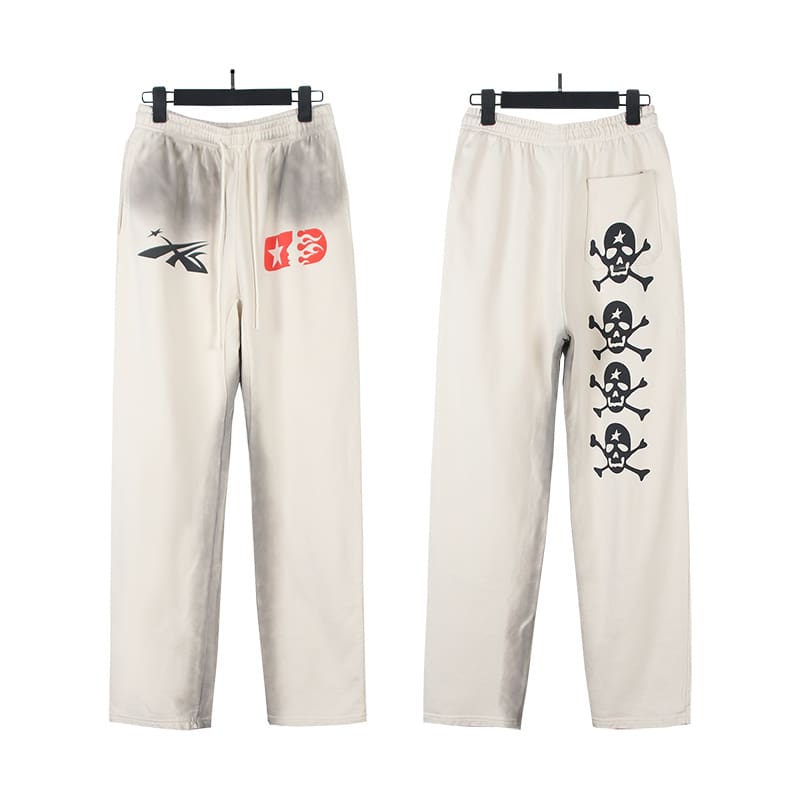 H*lst*r ins european and american high street fashion brand hell skull print loose sports and leisure washed and worn pure cotton straight trousers