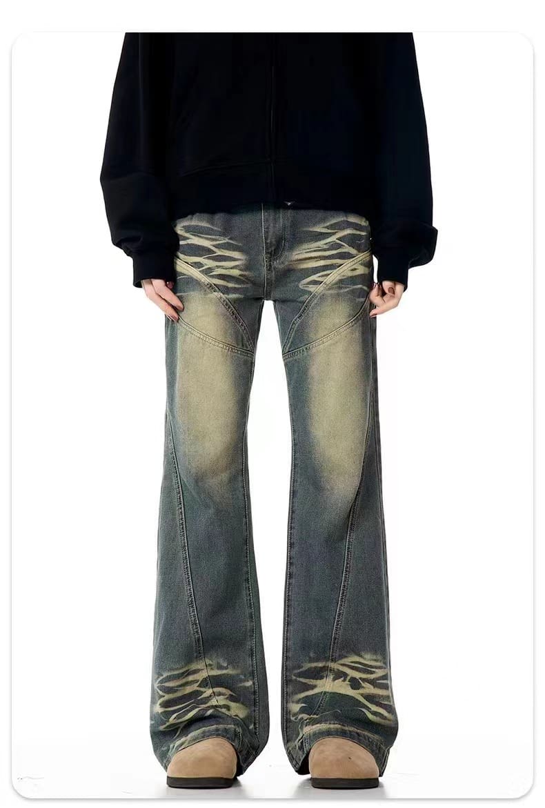 Vujade style washed distressed Vintage jeans wide leg men’s and women’s same American style loose vibe trousers