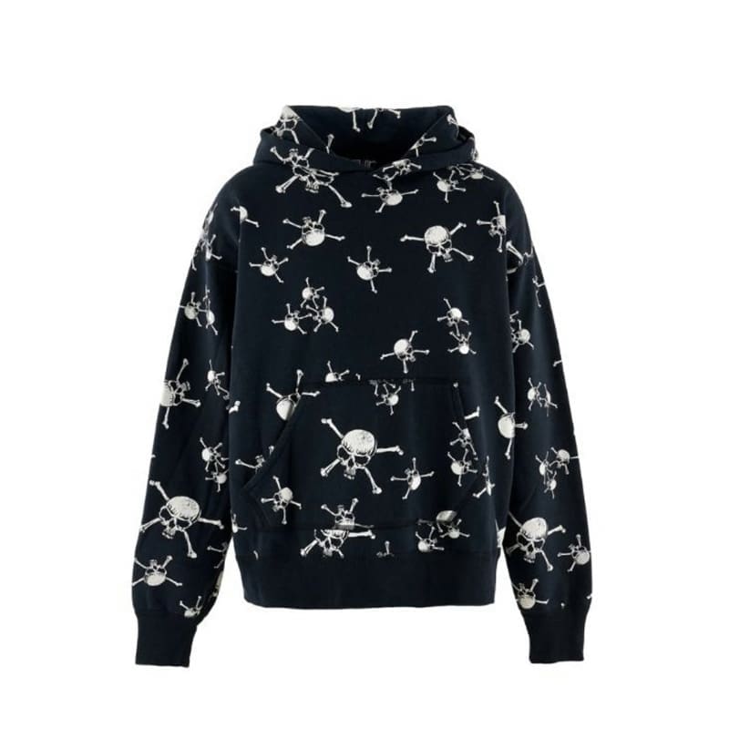 Saint Michael Skull Print Retro Fleece-Lined Hooded Sweatshirt and Sweatpants Suit