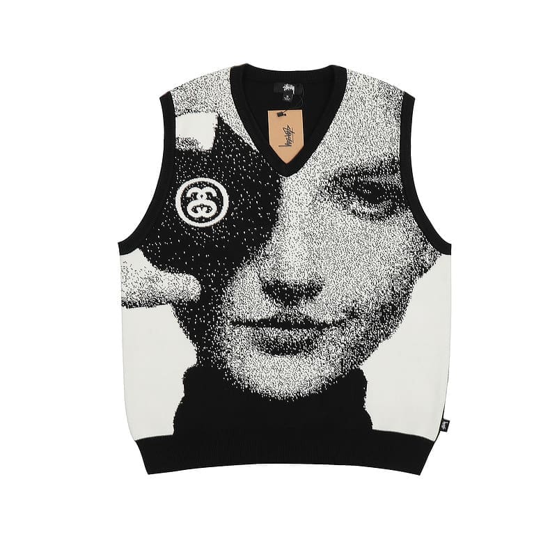 Stussy Jacquard V-Neck Sleeveless Knitted Sweater Vest for Men and Women