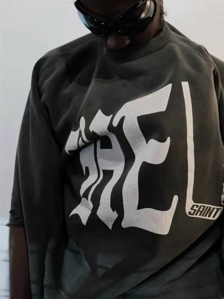 Saint Michael Ripped Letter-Print Retro Crew Neck Sweater for Men and Women