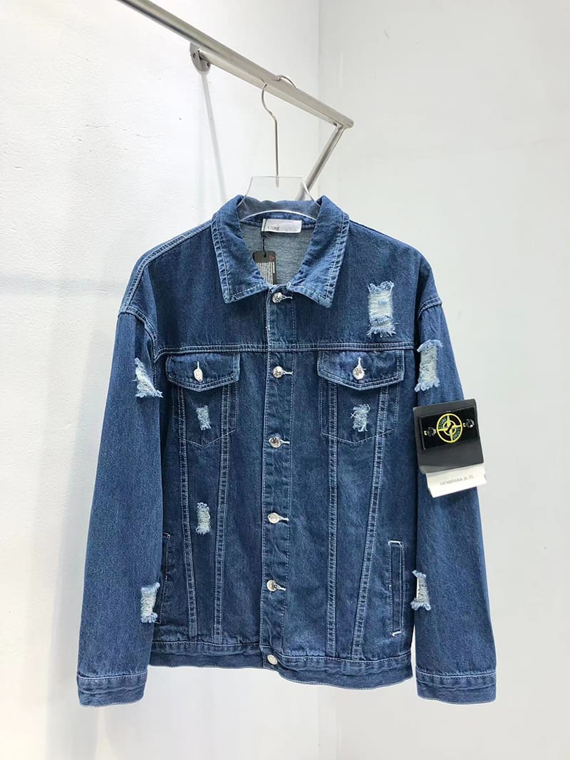 Stone Island Ripped Denim Jacket Retro Washed Casual Long Sleeve for Men and Women