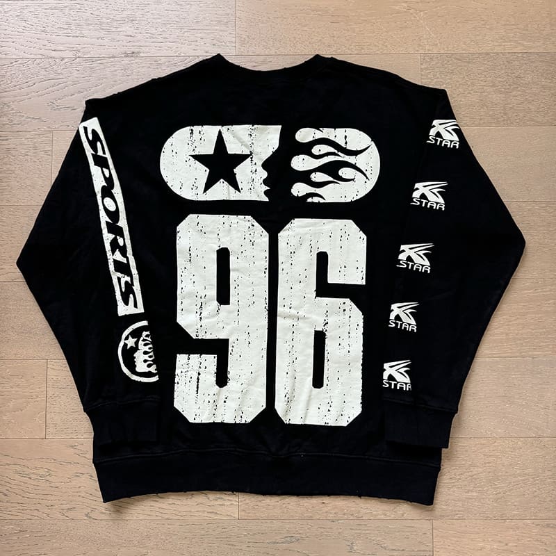 H*lst*r retro distressed hip hop letter logo printing loose cotton terry round neck sweater