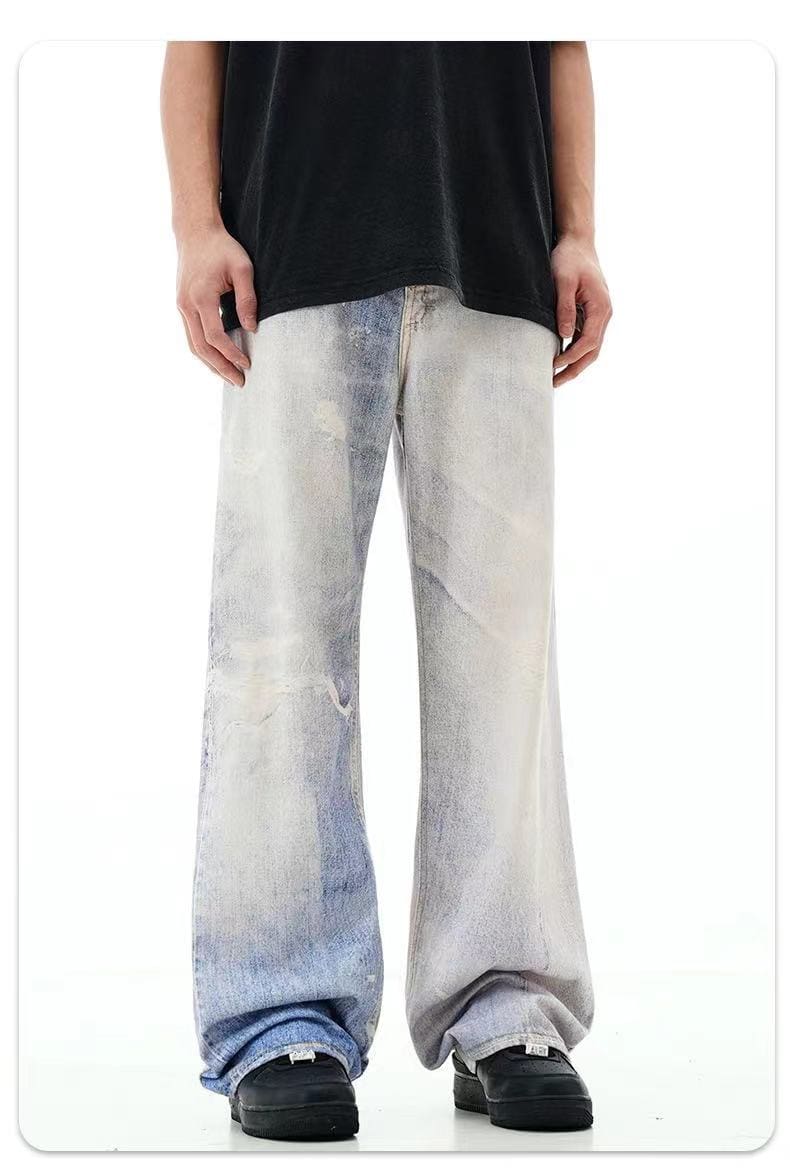 Vujade style washed distressed Vintage jeans wide leg men’s and women’s same American style loose vibe trousers