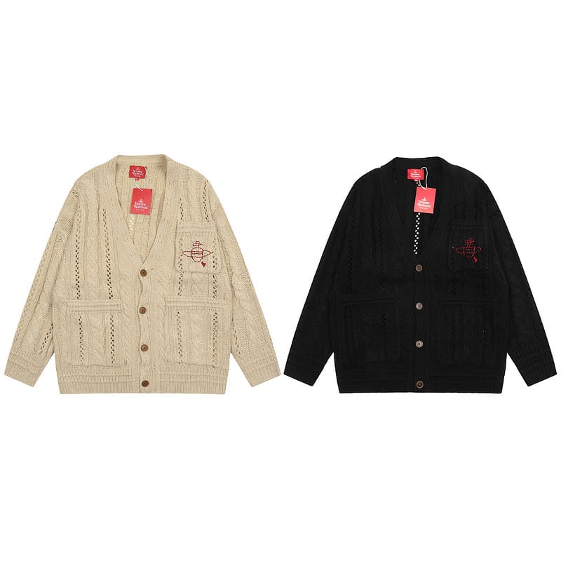 Vivienne Westwood Loose V-Neck Cardigan Hollow Design Knitted Sweater for Men and Women