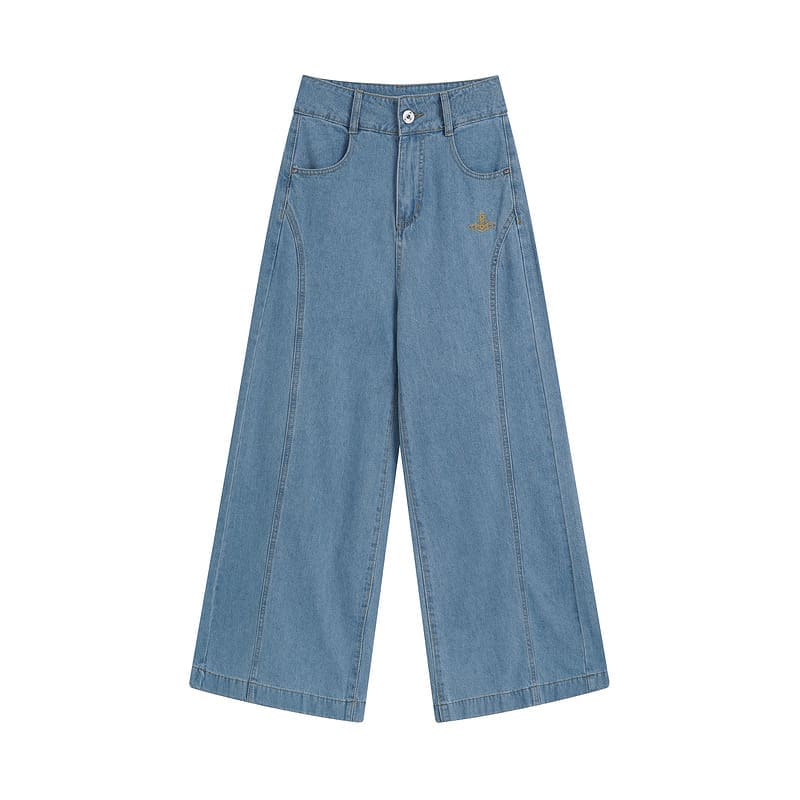 Vivienne Westwood Saturn Logo Embroidered High Waist Wide Leg Denim Trousers for Women