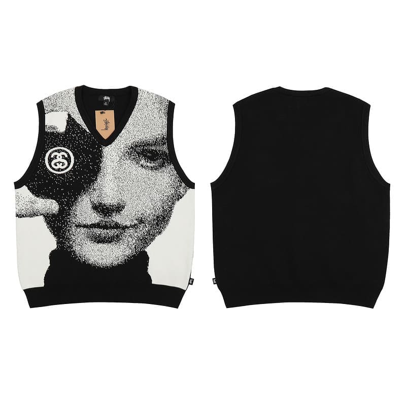 Stussy Jacquard V-Neck Sleeveless Knitted Sweater Vest for Men and Women