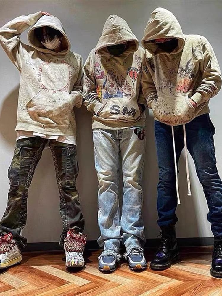 Saint Michael Angel Devil Hand-Painted Retro Velvet Hooded Sweatshirt for Men