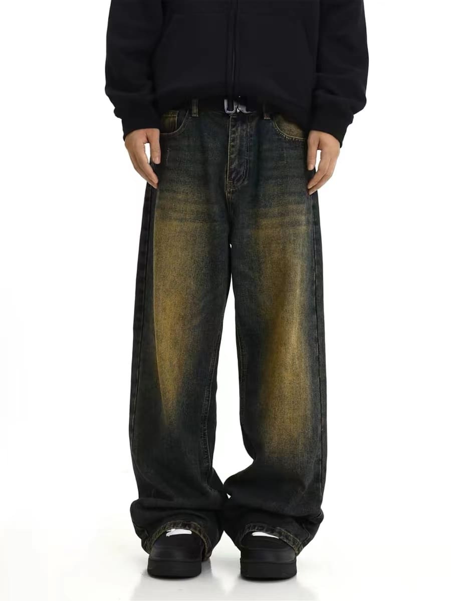 Vujade style washed distressed Vintage jeans wide leg men’s and women’s same American style loose vibe trousers