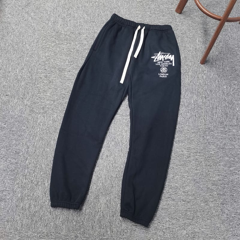Stussy Sweatpants World Cruise High Street Fleece-Lined Loose Tapered Pants for Men and Women