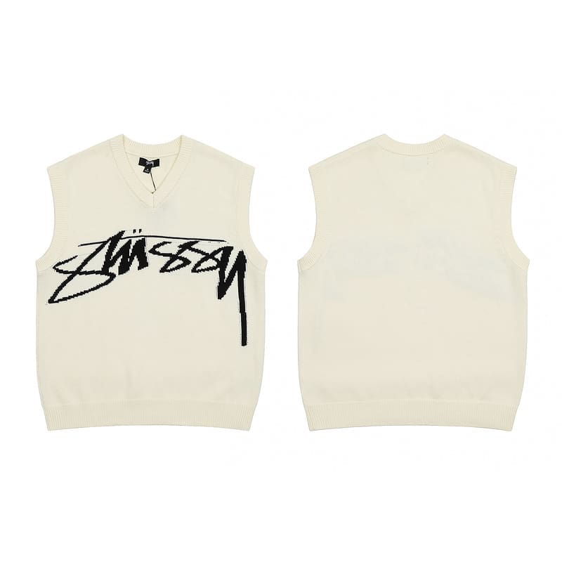 Stussy Script Letter Jacquard V-Neck Sleeveless Sweater Vest for Men and Women