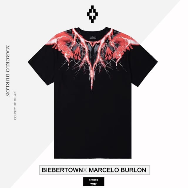 Marcelo Burlon MB red and white lightning wings short sleeve