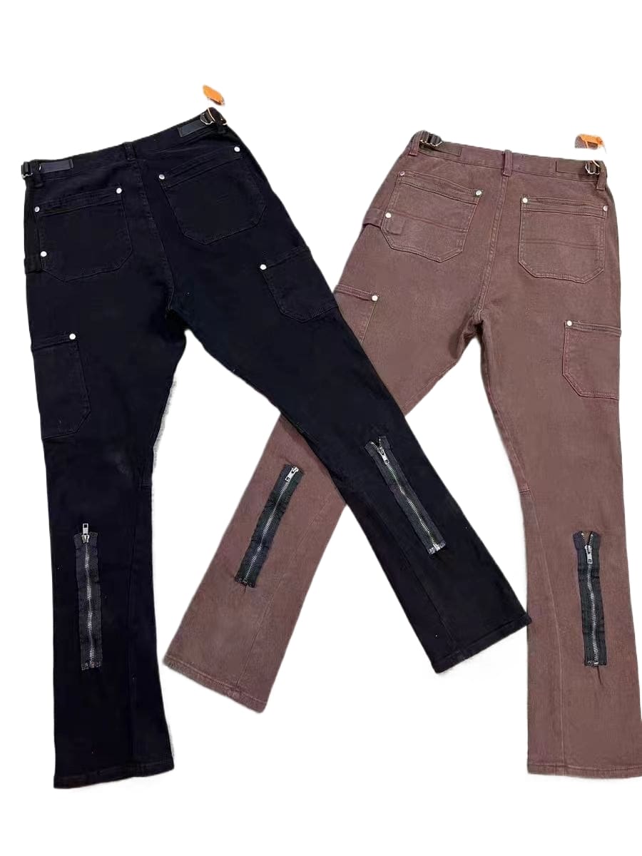 VUJADE logging pants flared jeans washed zipper casual overalls black Brown