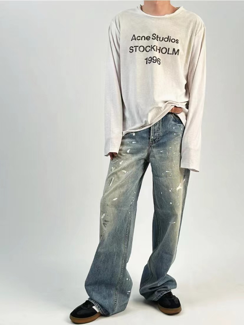 American fashion brand loose all-match Acne High Street INS SS24 splash-ink mud dyed loose distressed men’s jeans