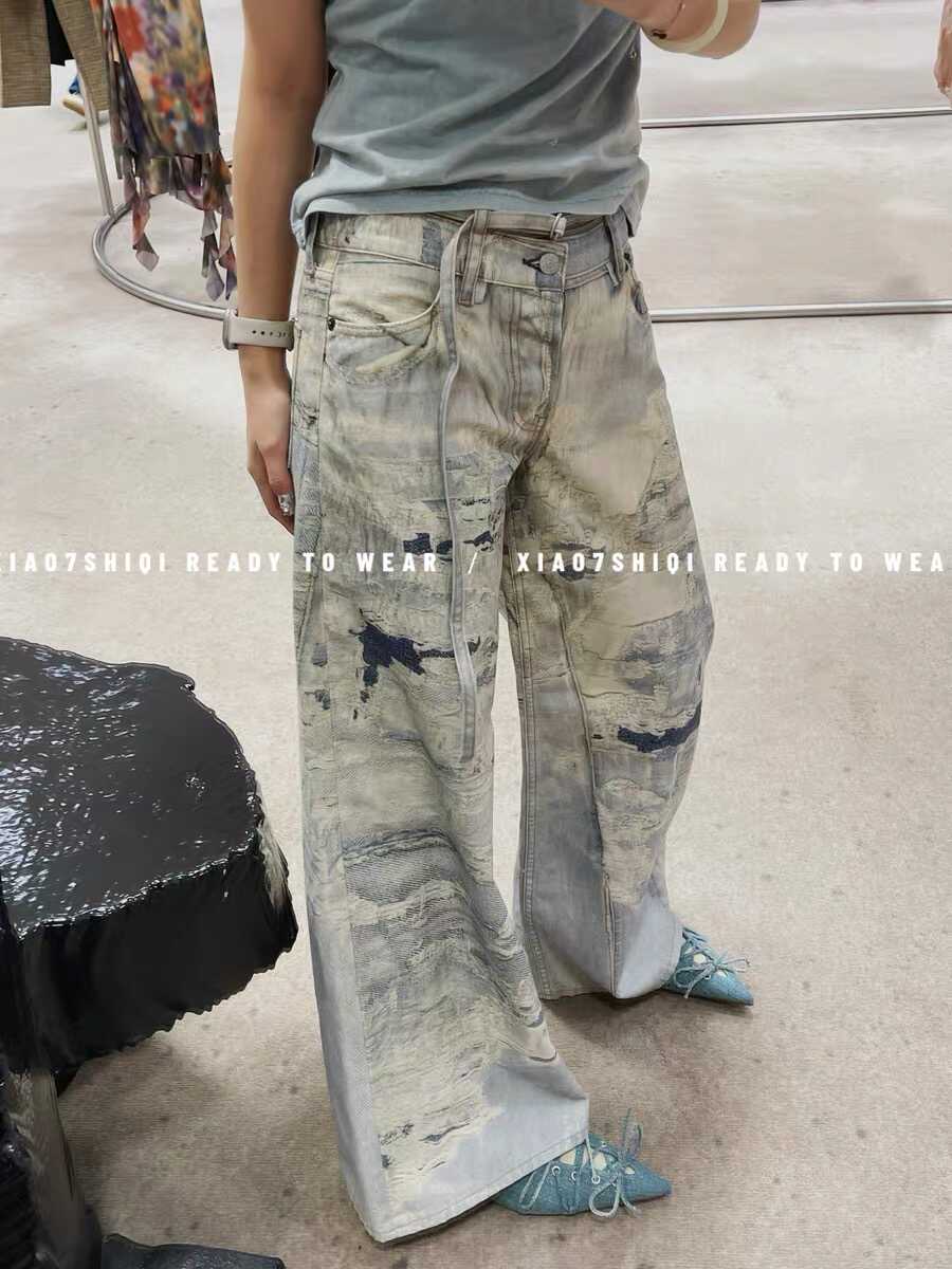 AC style 2024 New retro worn looking washed-out jeans straight wide leg mop trousers
