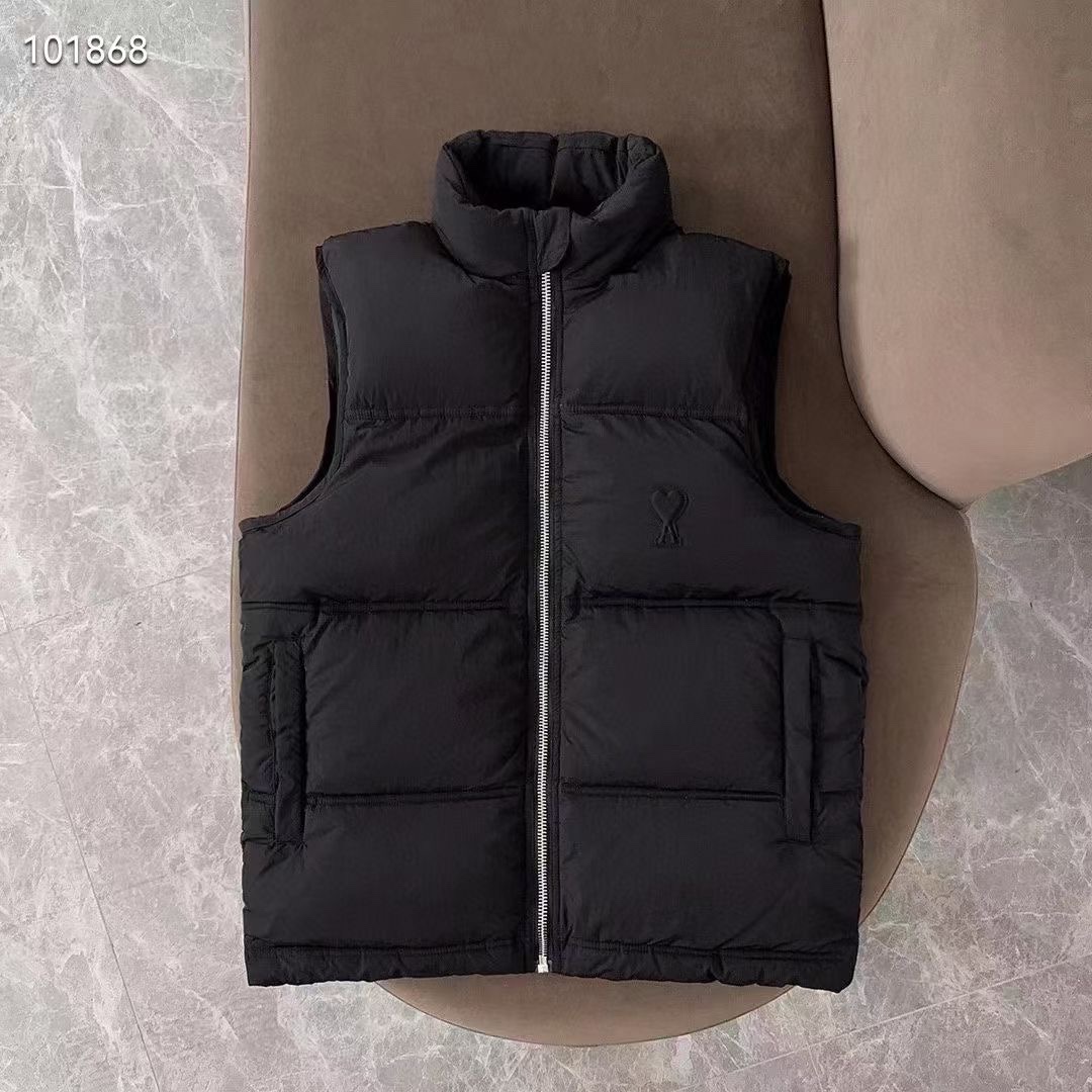 90 white duck down 2023 new ami vest love down jacket men’s and women’s black and white loose autumn and winter warm coat