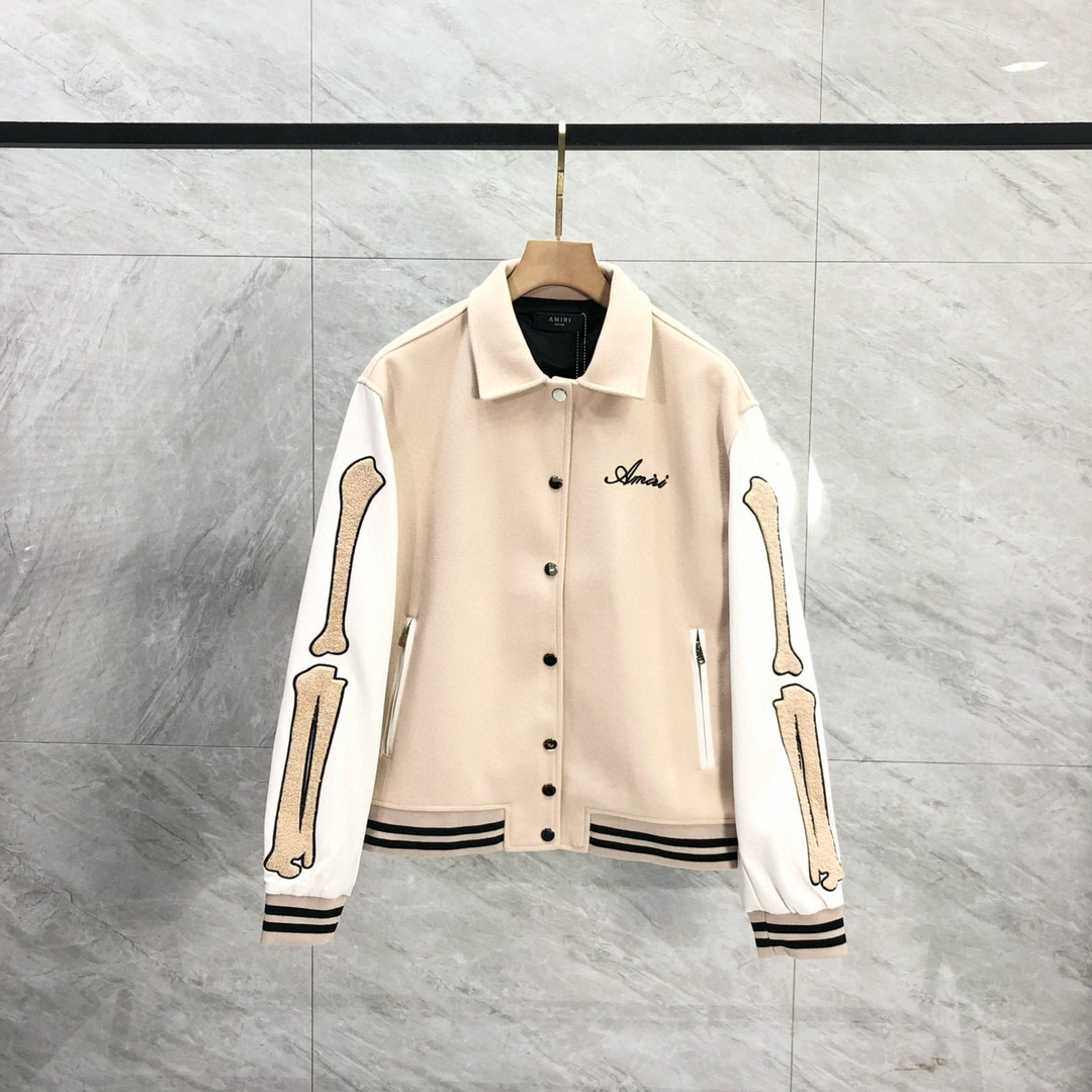 2024 autumn and winter AMIRI bone towel embroidery color contrast patchwork ins leather patchwork baseball uniform jacket coat quilted