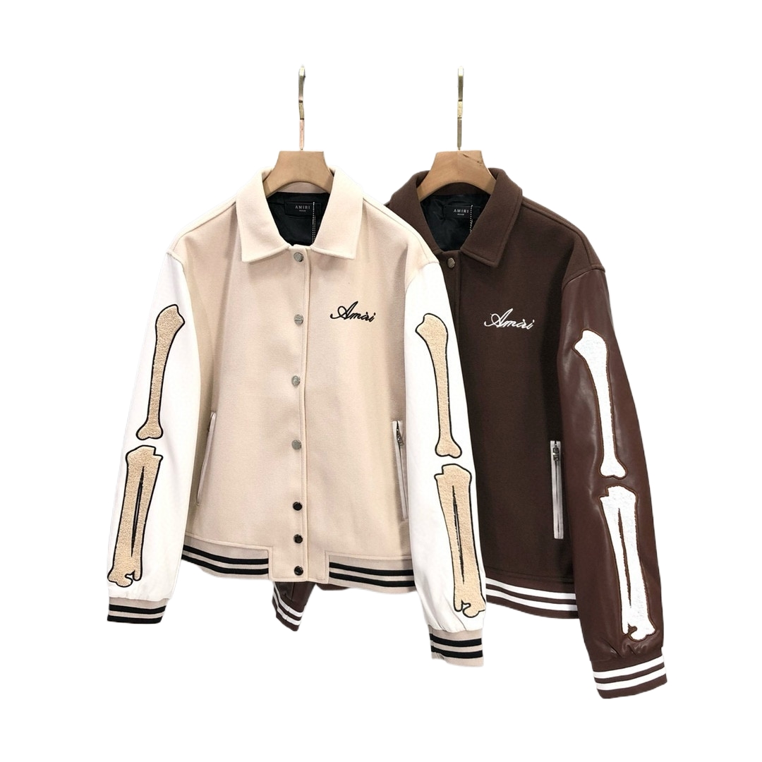 2024 autumn and winter AMIRI bone towel embroidery color contrast patchwork ins leather patchwork baseball uniform jacket coat quilted